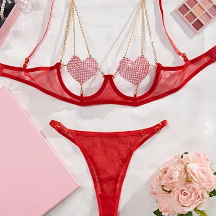 Sexy Lingerie, Three-Point Cut Out Splicing, Heart-Shaped Breast Patch, Metal Chain Uniform