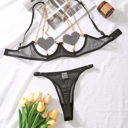 Sexy Lingerie, Three-Point Cut Out Splicing, Heart-Shaped Breast Patch, Metal Chain Uniform