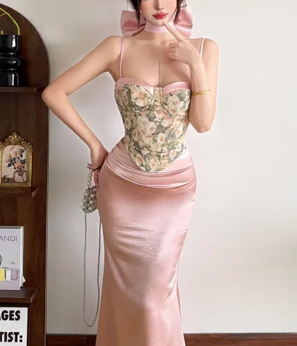 Style Rose Oil Painting Fashion Elegant Style Camisole Top High-Waisted Bodycon